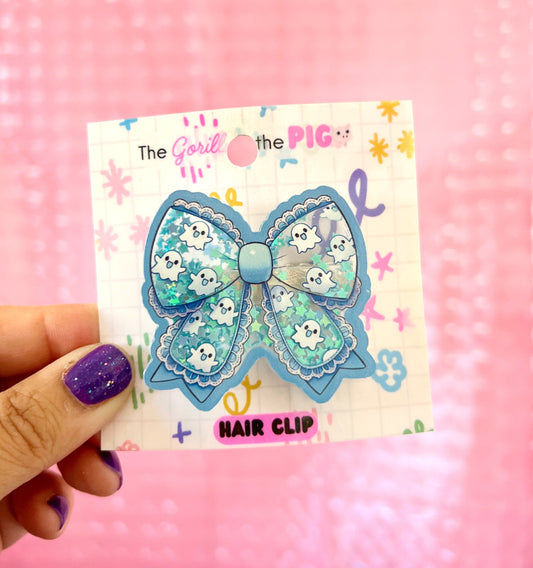 Ghostie Blue Bow Shaker Hair Clip