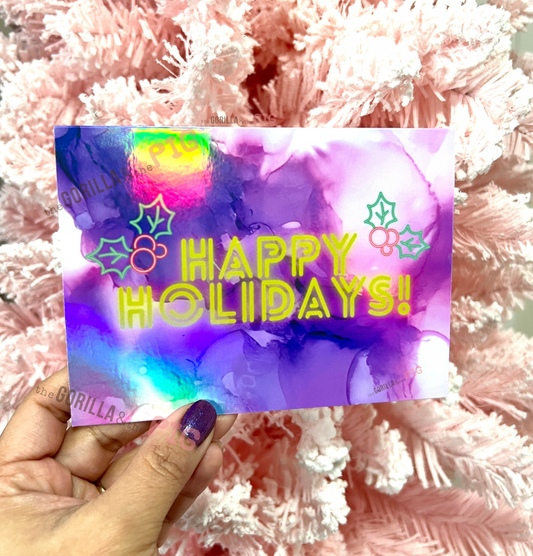 Happy Holidays holographic neon card