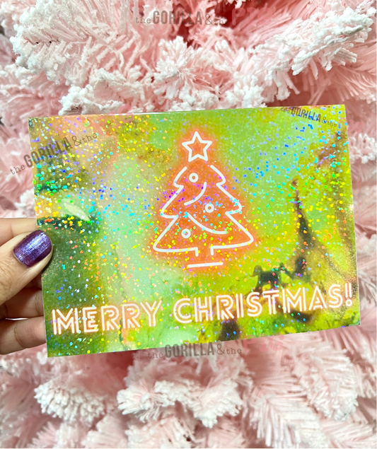 Merry Christmas-Tree holographic neon card