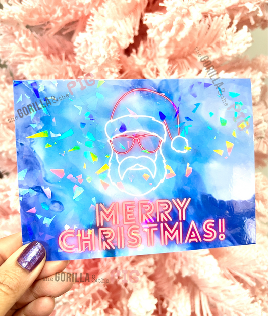 Merry Christmas-Santa holographic neon card