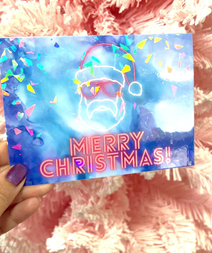 Merry Christmas-Santa holographic neon card