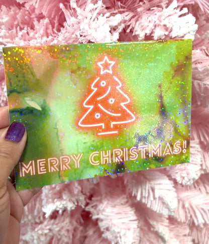 Merry Christmas-Tree holographic neon card