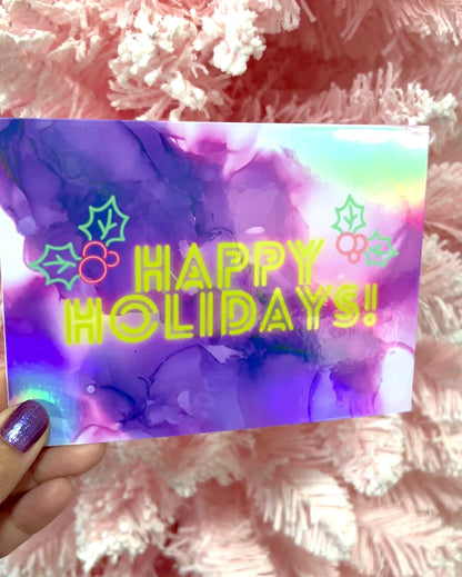 Happy Holidays holographic neon card